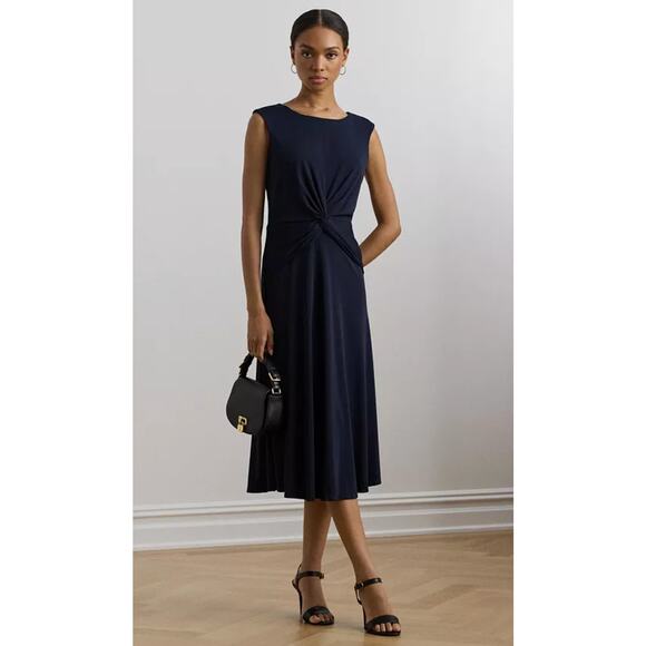 Lauren Ralph Lauren Dress Womens 10 Navy Blue Twist Front Crepe Cap Sleeve Work - Picture 1 of 12